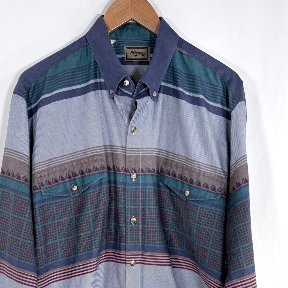 VTG Roper Western Shirt Blue TealStriped Geometric Long Sleeve Men XL Aztec